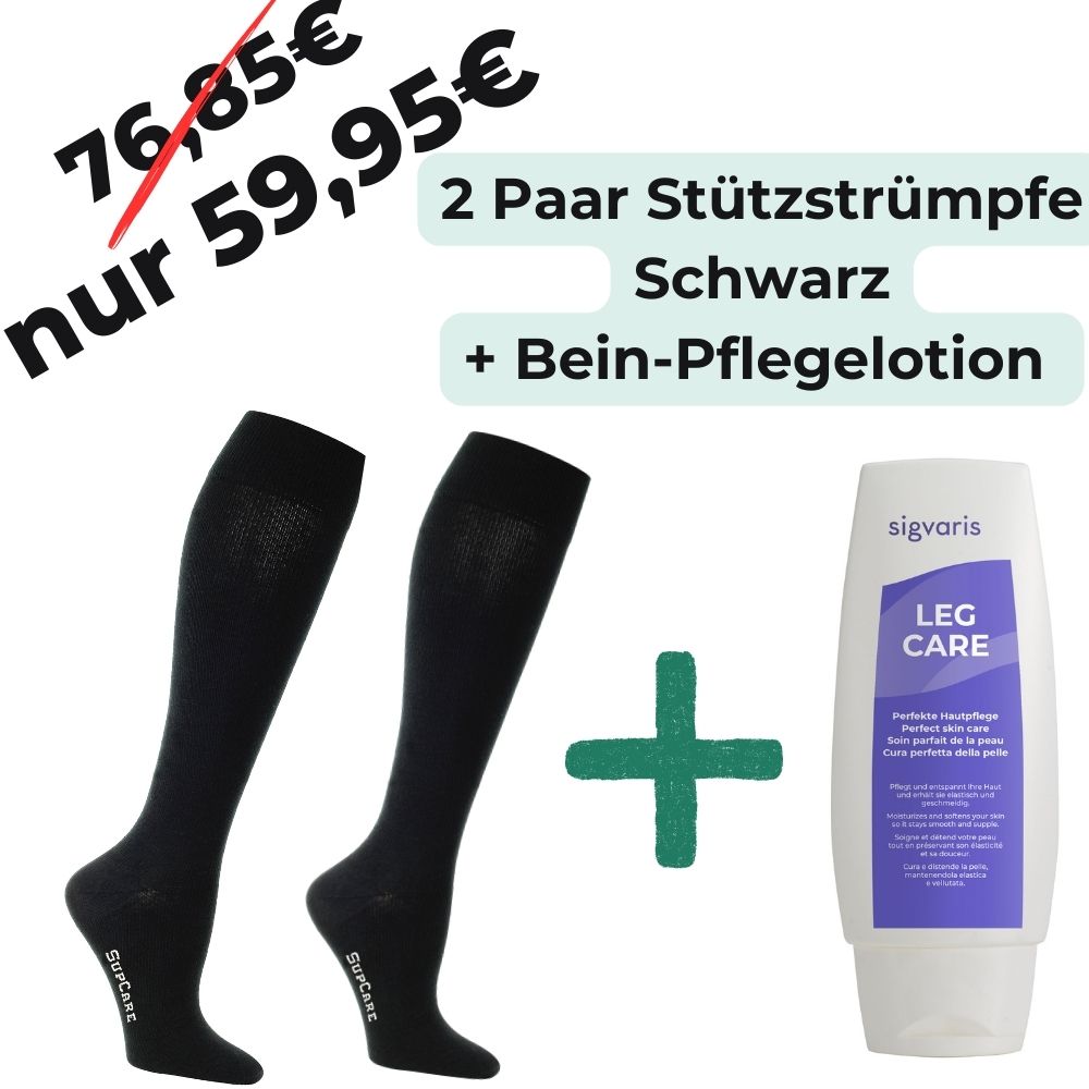 Basic Sparpaket - 2 Paar Stützstrümpfe schwarz einfarbig + Bein-Pflegelotion