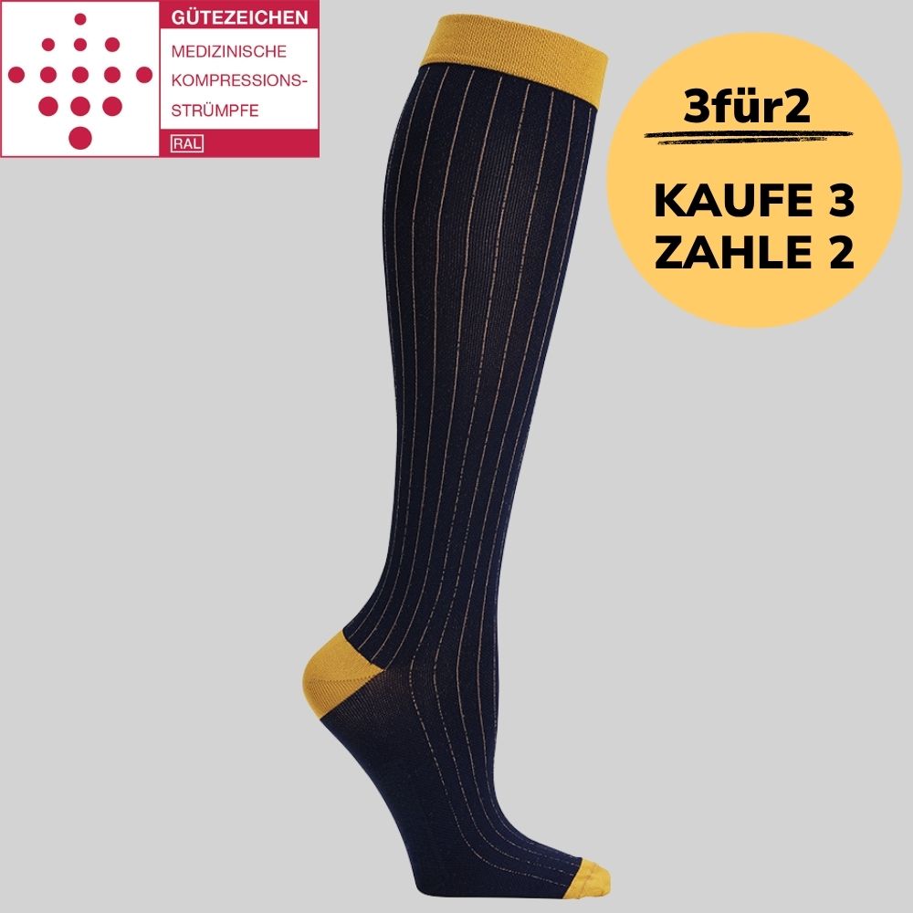 Medizinische Kompressionsstrümpfe Klasse 2 (Ccl 2) Blau mit gelben Streifen